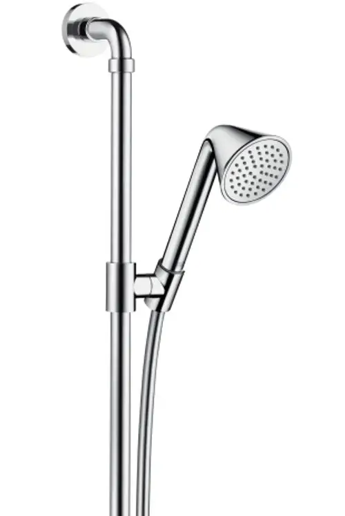 Brauseset von AXOR mit Handbrause und länglichem Halter, verchromte Oberfläche, für die Wandmontage in einem Badezimmer.